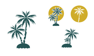 green palm trees and moon logo, silhouette of great palm at beach vector illustrations
