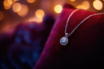 Fototapeta premium Elegant diamond pendant necklace rests on a plush velvet cushion, bokeh lights in the background.