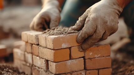 Mason laying bricks for a garden wall in a residential backyard. Featuring bricklaying technique