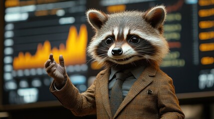 Raccoon in a Suit Presenting Financial Data