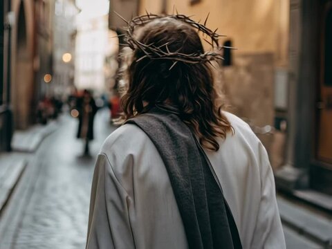 Christ walks down the street in a crown of thorns. View from the back, in white clothes with a bag