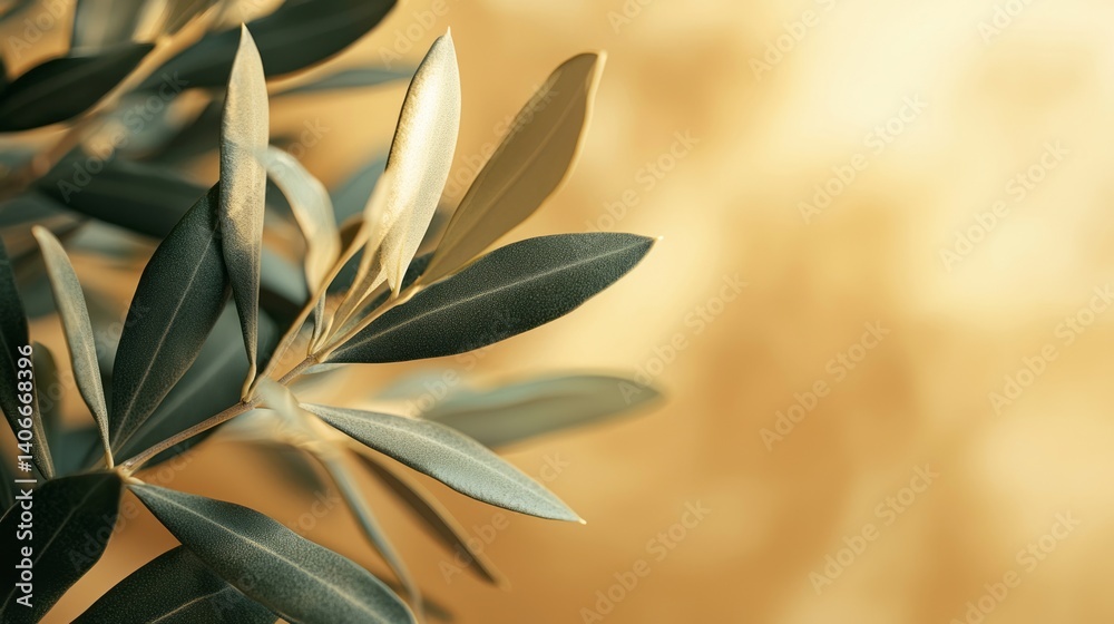 Poster delicate olive branch with lush green leaves stands out against a softly glowing golden backdrop, cr
