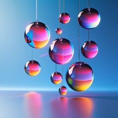 The 3D rendering illustration features glass circle shapes with colorful reflections composition.