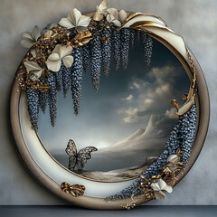 Illustration with circular mirror in the center, surrounded by wisteria and leaves, creating a floral frame, against a soft background