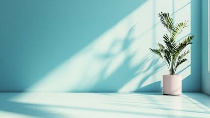 Plant in Pot Casting Shadow on Wall with Light Blue Background