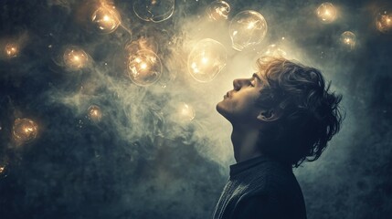 Thinking Man Looking Up at Glowing Light Bulbs and Creative Ideas