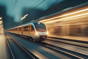 Fototapeta premium High-speed maglev train transporting qcommerce urban rail station dynamic scene evening light motion blur