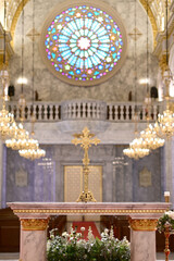 BANGKOK, THAILAND - April 14, 2025: Under Views of The interior of St. Louis Marie de Montfort Church is beautiful with marble walls architecture and ceiling paintings at Assumption University. Thaila