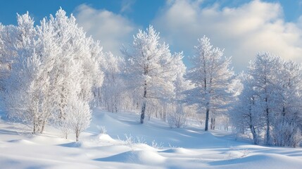 Obraz premium Idyllic winter landscape with snow-covered trees and soft blue sky