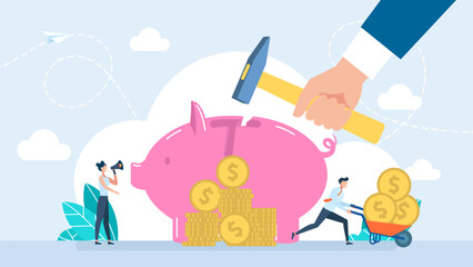 Businessman breaks piggy bank with hammer concept. Business financial symbol. Crashing piggy bank concept, needing money, spending savings, man about to crash piggy bank. Vector illustration.