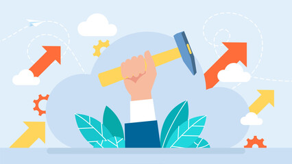 Hand Holding Hammer for Woodworker Construction. Businessman Arm Raised Up With Hand Holding Sledge Hammer Tool For Forging Steel Construction And Rock Demolition. Vector illustration