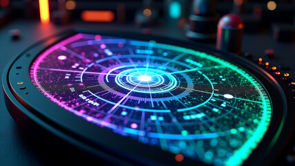 Neon blue and laser purple interweave on a curved holographic screen