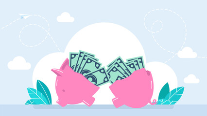 Piggy bank with Money. Investments, safe keeps dollar. Keep and accumulate cash savings. Safe finance investment. Financial services. Money saving and bank business graphic design. Vector illustration