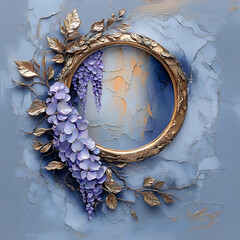 Illustration with circular mirror in the center, surrounded by wisteria and leaves, creating a floral frame, against a soft background