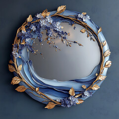 Illustration with circular mirror in the center, surrounded by wisteria and leaves, creating a floral frame, against a soft background