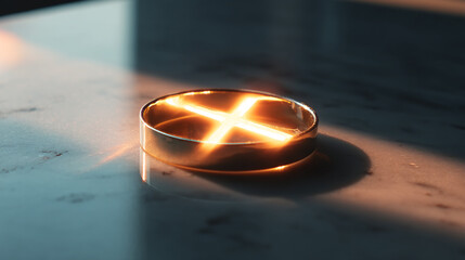 Gold ring with glowing cross design product shot jewelry fashion accessory luxury item on marble surface