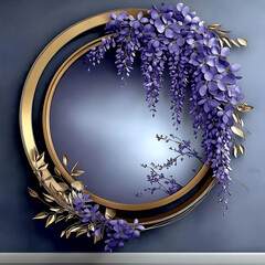 Illustration with circular mirror in the center, surrounded by wisteria and leaves, creating a floral frame, against a soft background