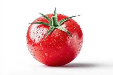 A Single, Juicy, Dew-Covered Tomato on White Background