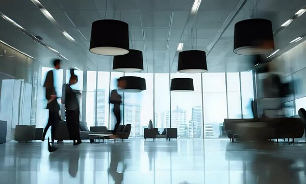 Timelapse of a modern office shows blurred motion of busy professionals in a stylish corporate workspace full of energy and dynamic activity.