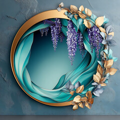 Illustration with circular mirror in the center, surrounded by wisteria and leaves, creating a floral frame, against a soft background