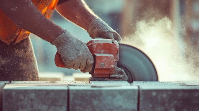 Mason using a power saw to cut concrete blocks at a construction site. Featuring precision and dust control