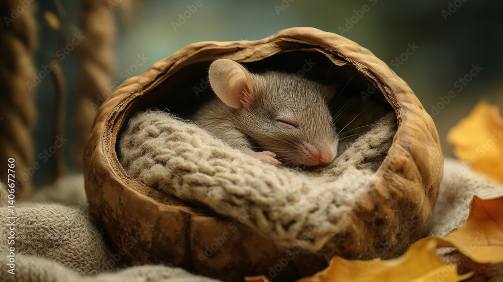 Poster Tiny mouse enjoys peaceful sleep in cozy walnut shell bed surrounded by autumn leaves in a whimsical fairy tale setting