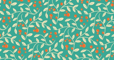 Hand-drawn 4K background featuring flowing cream-colored vines with soft leaves, interspersed with vibrant red-orange berries on a rich teal background.