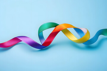 Autism acceptance month, Autism awareness day concept. Rainbow colors ribbons in shape of infinity loop on blue background. Infinity is symbol of autism disorder, adhd, neurodiversity