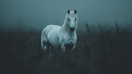 Fototapeta premium Majestic white horse in misty field tranquil nature photography