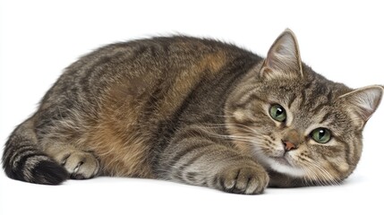 Obraz premium A tabby cat lying down, looking directly at the camera