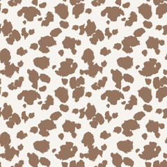 Seamless animal pattern. Cowhide texture with black spots on white. Mammal fur print. Leather design. Vector illustration