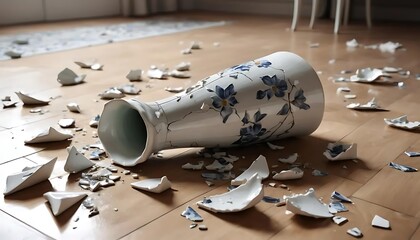 Broken floral vase lying on a wooden floor with scattered ceramic shards