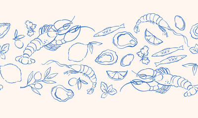 Horizontal vector pattern of seafood shrimps, oysters, lobster, lemons and olives. Mediterranean Dolce Vita style vintage illustrations for food, suitable for restaurant and marine cafe menu.