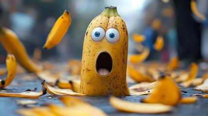 On a lively sidewalk, a surprised banana becomes the unwitting star of a comedic mishap, slipping on its own discarded peel while surrounded by fallen leaves and bustling pedestrians