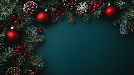 Christmas holiday background with pine branches, red ornaments, berries and pinecones on dark green backdrop

