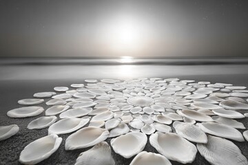 Obraz premium Seashells arranged in a mandala pattern on a beach at sunset, creating a serene and peaceful atmosphere.