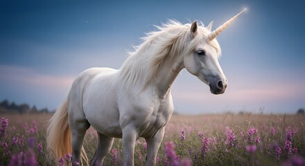 Obraz premium Unicorn Standing in a Field with Purple Flowers at Dusk