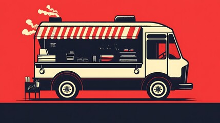 Retro food truck illustration with striped awning and steaming kitchen on bold red background
