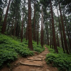 Fototapeta premium Green mountain path in Murree surrounded by tall trees