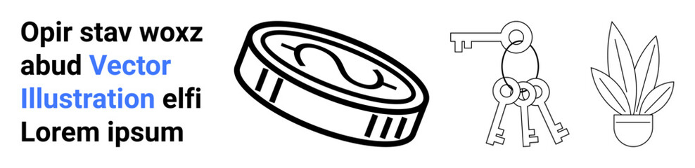 Dollar coin, keyring with keys, and plant pot represent wealth, security, and growth. Ideal for finance, real estate, savings, minimalism homeownership personal development flat landing page