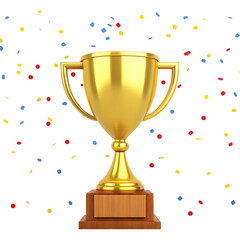 Gold trophy with confetti. Winning, success, achievement concept.
