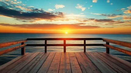 Obraz premium Tranquil Dawn: A Wooden Pier Offering a Gateway to the Ocean Sunrise Horizon