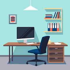 Modern Office Workspace with Computer, Bookshelf, and Office Chair