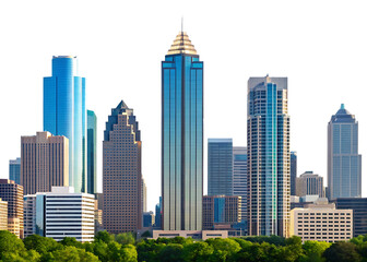 Obraz premium Modern city skyline with skyscrapers and green trees.
