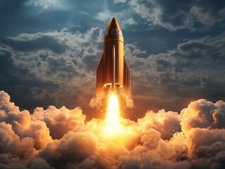 Naklejka premium Powerful rocket launch into stormy sky