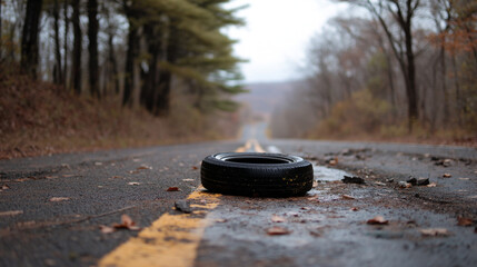 Abandoned tire on road in autumn forest scenic drive travel safety and car maintenance concept image