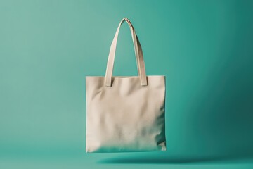 Photorealistic reusable cotton bag on pastel blue background, minimal clean eco design for sustainable product visuals. AI generated image.
