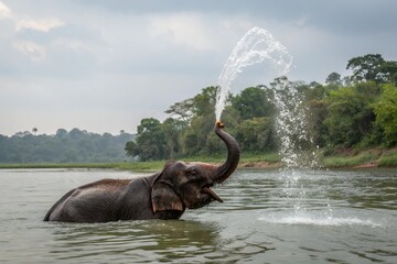 Obraz premium A playful young elephant joyfully sprays water, bathing in a serene river under a cloudy sky, showcasing its gentle nature amidst lush greenery.