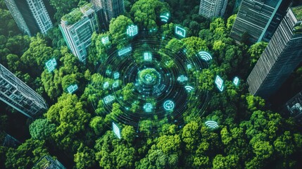 Green city with digital tech overlay above trees