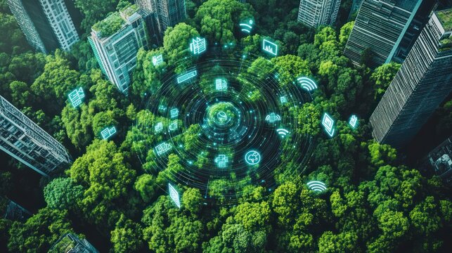 Green city with digital tech overlay above trees